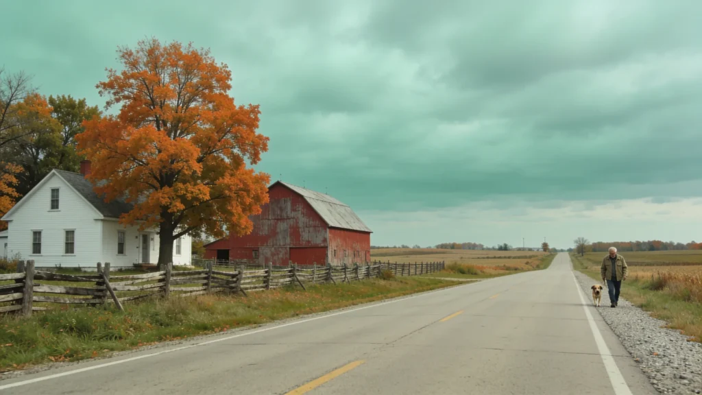 A country road past a white farmhouse and red barn in mid-Michigan in early autumn, a man walking his dog in the distance.