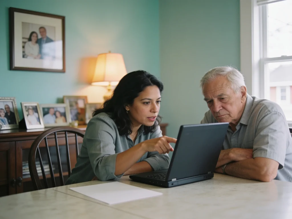 A daughter walks her father through his options on a laptop at the dining-room table.