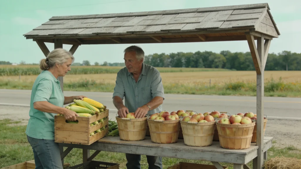 A couple in their fifties set out sweet corn and apples at their roadside farm stand.