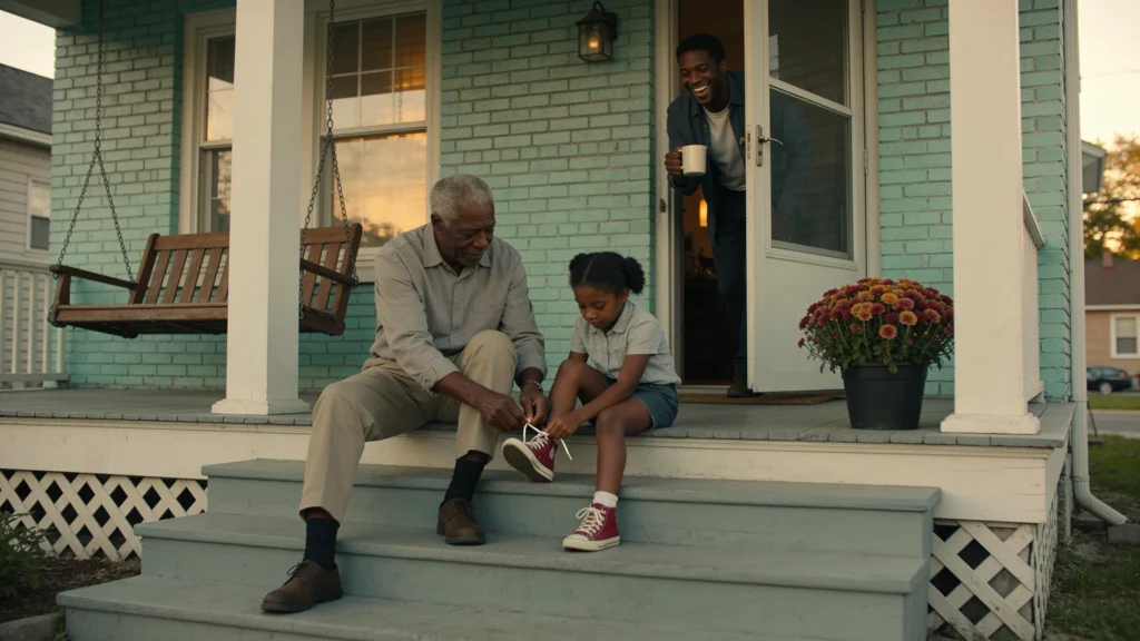 A grandfather ties his granddaughter's shoe on the porch steps while his son watches from the doorway.
