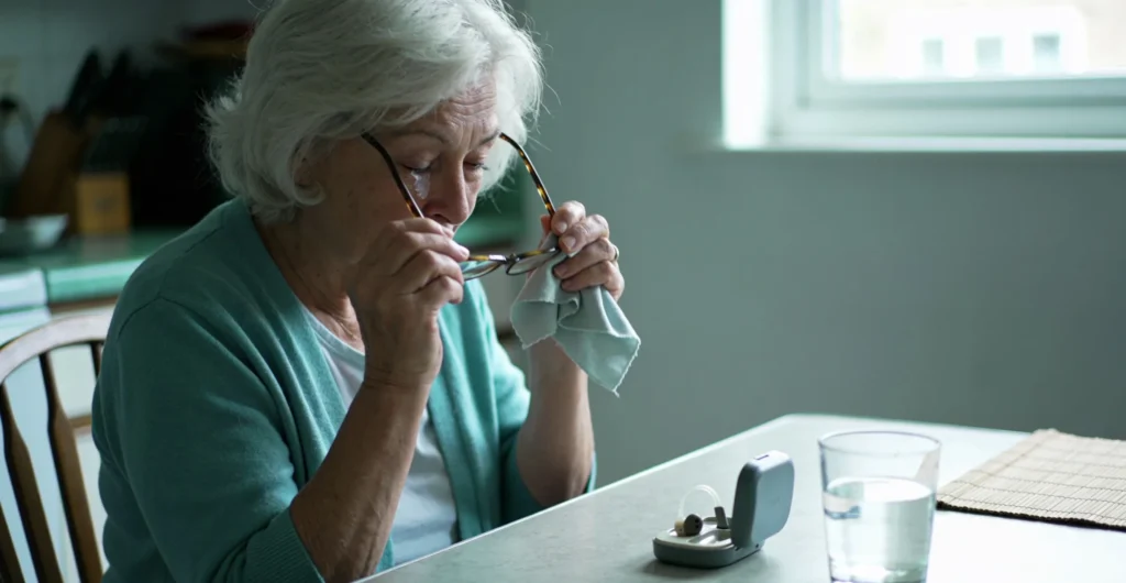 A woman in her seventies polishes her reading glasses at the kitchen table, a hearing-aid case beside her.